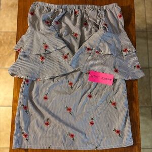 Betsey Johnson Blue Stripped with pink floral embroidery